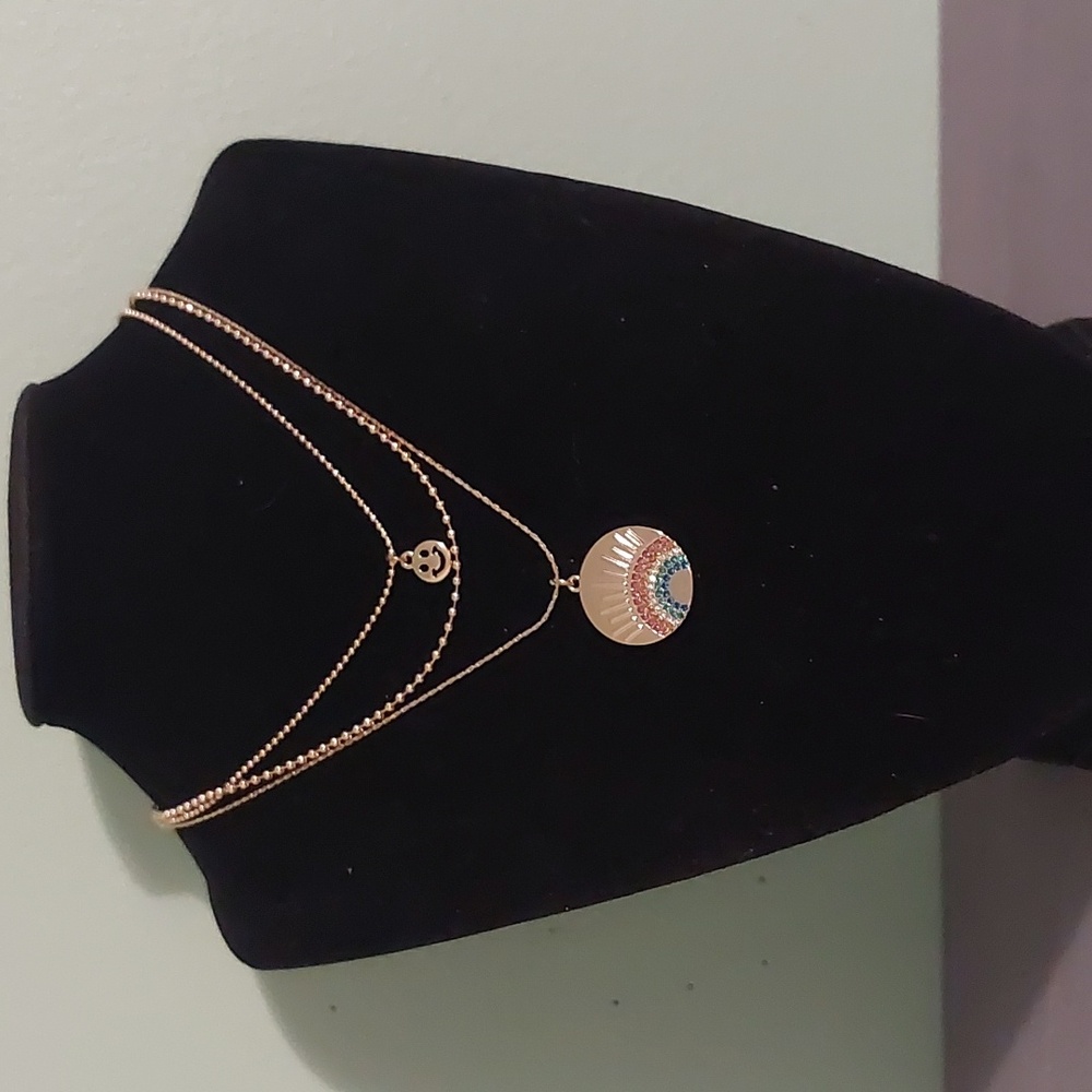 Gold Toned Three Strand Rainbow Smiley Face Ball Chain Necklace